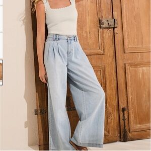 NWT Lands’ End Denim Mid Rise Pleated Slouchy Wide Leg Jeans Women Size 16 Tall